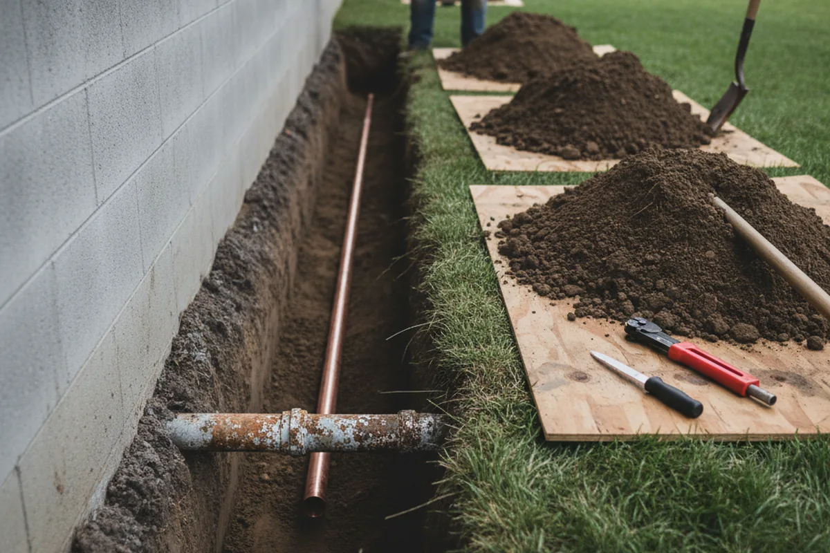 Excavated water line trench during Water Heater Repair in Lakemont